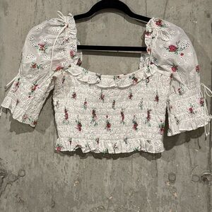 For Love & Lemons Size Small White Eyelet Floral Cottage Boho Romantic Crop Top